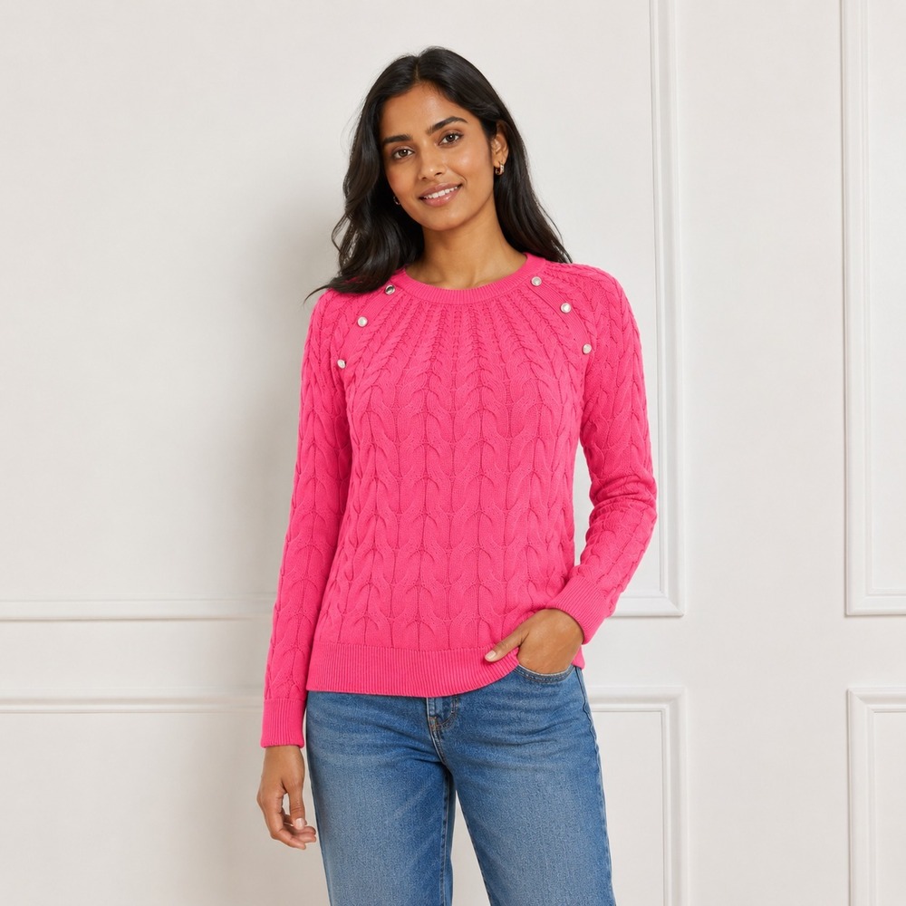 NWT Talbots Cable Knit Sweater PL Pink‎ Gold Button Shoulder Raglan Crewneck